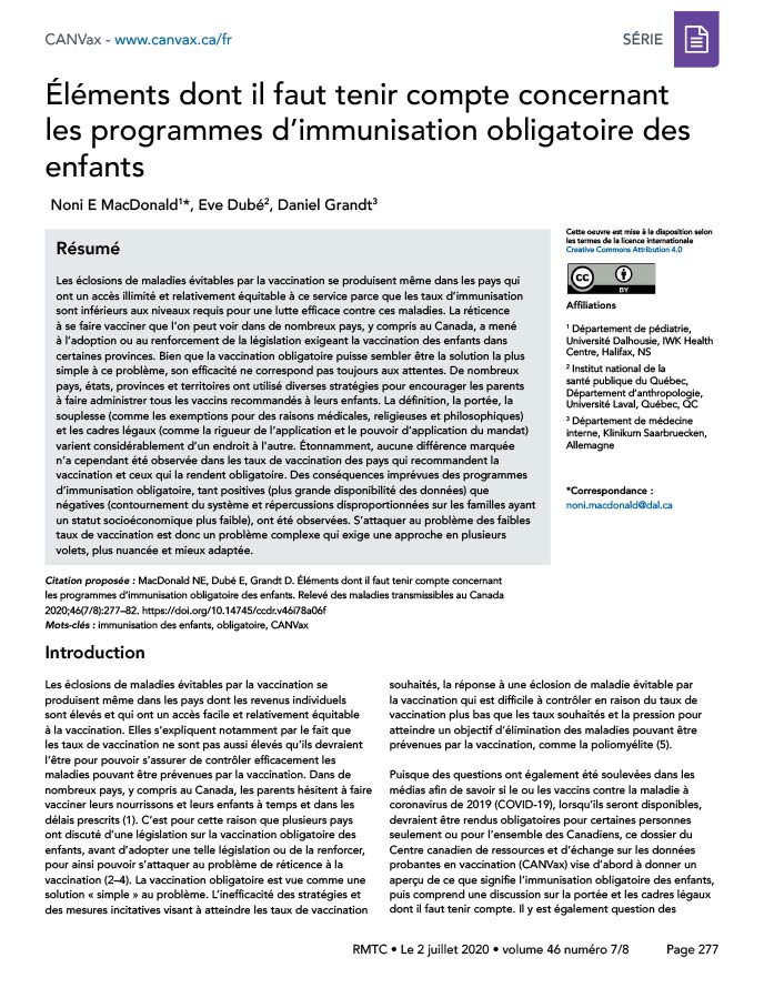 Éléments dont il faut tenir compte concernant les programmes d’immunisation obligatoire des enfants