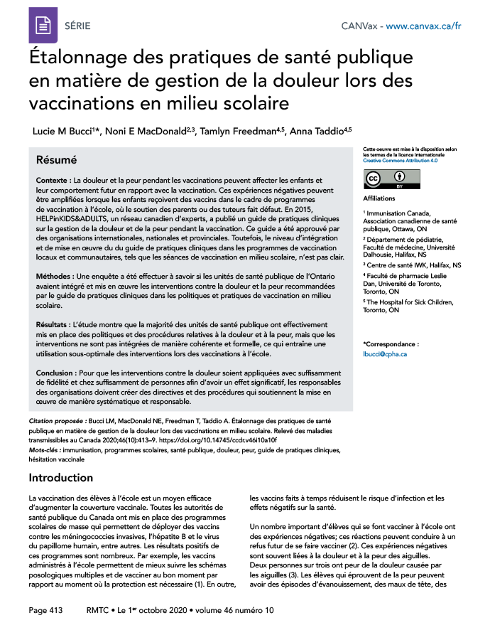 Étalonnage des pratiques de santé publique en matière de gestion de la douleur lors des vaccinations en milieu scolaire