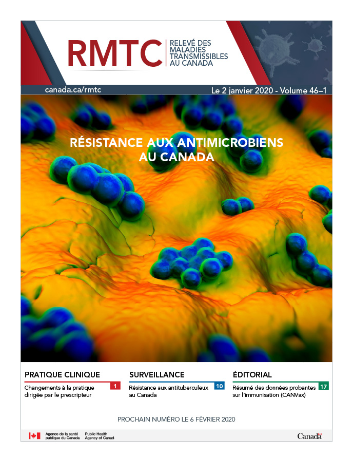 Image de résistance aux antimicrobiens. Couverture de la dernière édition de RMTC Volume 46–01 - le 2 janvier 2020 : Résistance aux antimicrobiens